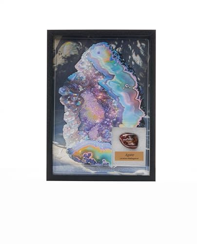 Image of Natural Mineral Specimen Shadow Box, Geology Collection Display Case, Home Decor Wall Art Tabletop Display with Real Rocks Crystals, Gift for Birthday Christmas Housewarming Children's Day(Agate, 9X12.75)