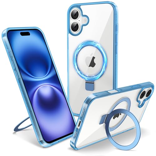 Coque magnétique iPhone 16 transparente avec support bleu