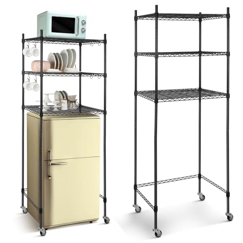 Image of Tioncy 3 Tier Mini Fridge Shelf Microwave Stand Adjustable Fridge Storage Rack with Lockable Wheels and 8 Hook Multilayer Metal Shelving Organizer for Dorm Apartment Kitchen Office Bathroom(Black)
