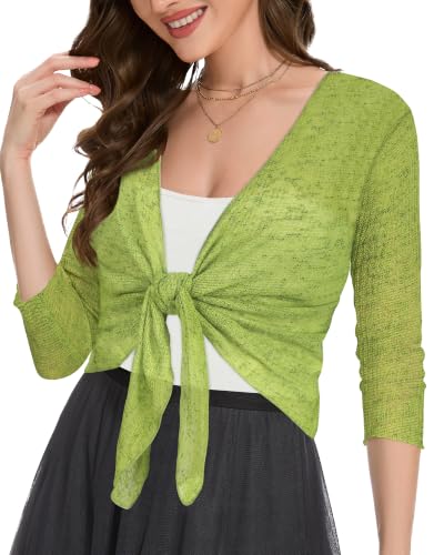 Image of Women Crop Cardigan Sheer Mesh Bolero Shrug for Dress Tie Front 3 /4 Sleeve Tops