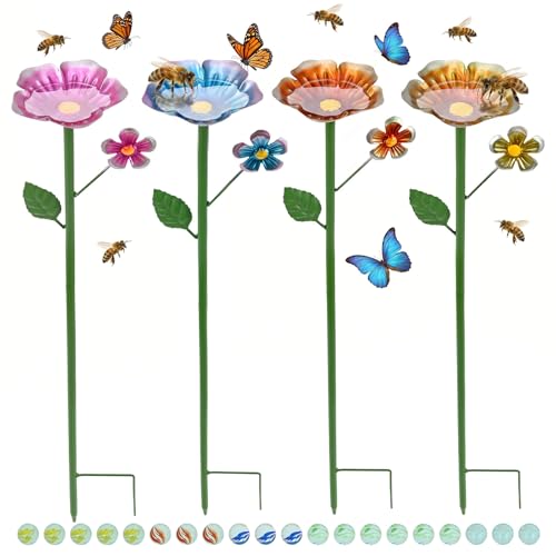 4 Pack Bee Watering Station for Garden, Metal Bee Bath with Glass Marbles, Butterfly Puddling Station, Outdoor Decorative Pollinator Water Feeder with Stakes for Thirsty Bees & Insects, 24.8" Height
