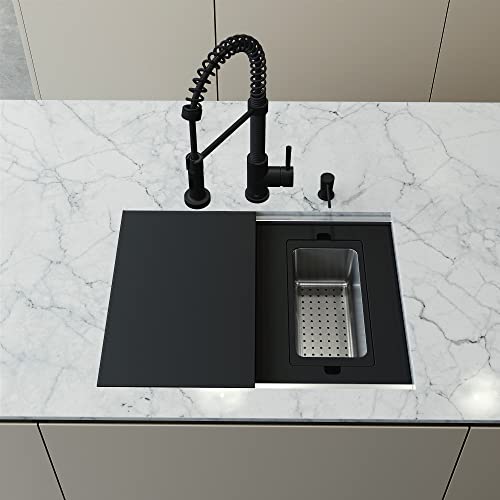 VIGO Hampton Stainless Steel 24 in. Single Bowl Undermount Workstation Kitchen Sink with Matte Black Faucet and Accessories-VG151033 - Thumbnail 2
