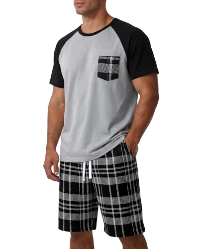 Ciftshinefiul Mens Pajamas Set Soft Summer Loungewear Sets Short Sleeve Black Pjs Plaid Pajamas 2 Piece Sleepwear Outfits with Pockets L