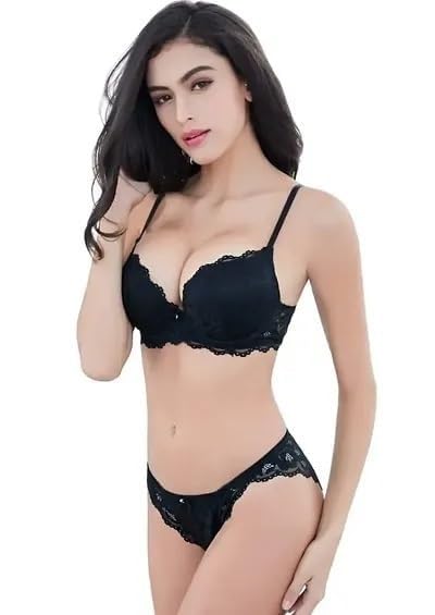 Image of Designer Women's Lace Push-Up Bra & Panty Set | Underwired, Solid, Baby Doll Bikini Style