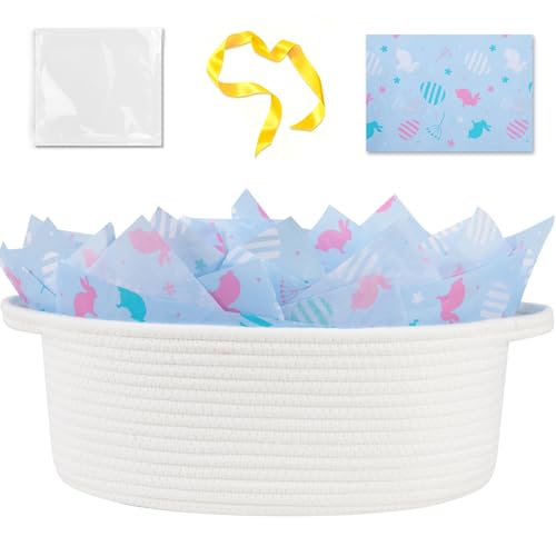 Image of OIAHOMY Gift Basket with Handle, 13.4 inchx 10 inchx 5.5 inch Easter Basket with Gift Bag, Ribbon and Wrap Tissue Paper, Nursery Bins Empty to Fill with Towels, Baby, Pet Toy Organizer - Easter White