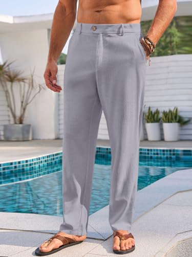 Image of Runcati Mens Casual Pants Elastic Waist Linen Dress Lightweight Straight-Legs Loose Fit Summer Beach Yoga Trousers