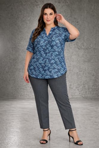 Image of SINDOORI Relaxed Fit Tops for Women Plus Size Solid Printed Mandarin Collar, Band Collar, V-Neck Top, Half Sleeve Loose Fit