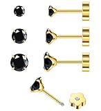 EQFE 14K Gold CZ Flat Back Earrings for Women Hypoallergenic Cartilage Cubic Zirconia Earrings Studs 20G Handmade Nap Screw Back Earrings for Helix Conch Multiple Piercing Black CZ