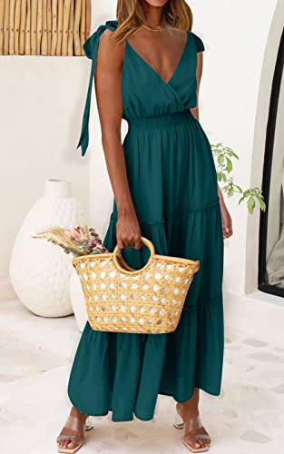 Image of PRETTYGARDEN Women's Cross Neck Summer Sleeveless Tiered Maxi Dress Beach Tie Strap Smocked Long Dresses Pleated Sundress