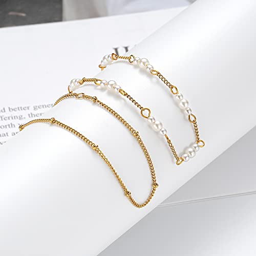 Gmsol Gold Layered Ankle Bracelets For Women, Dainty 14K Gold Plated Layering Pearl Anklets Set Adjustable Satellite Link Chain Ankles Foot Jewelry Gifts For Her #TOP4