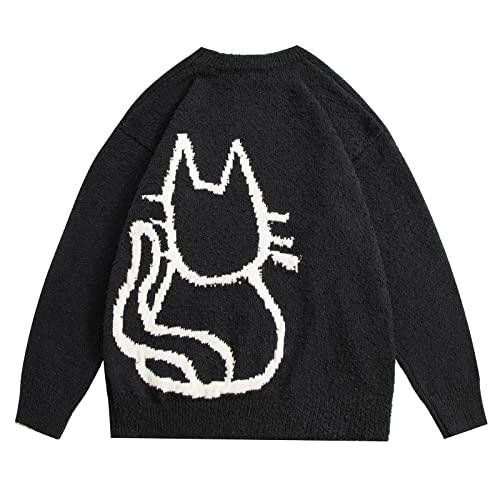 Aelfric Eden Women's Pullover Sweater Hand Drawn Cat Graphic Printed Oversized Sweater Fall Winter Fashion Couple Tops Black X-Large - image 3