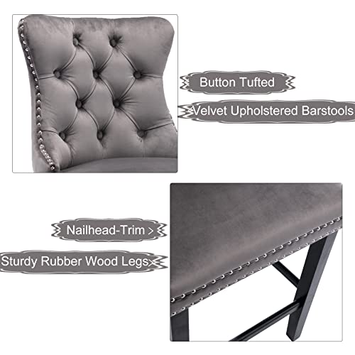 Butacos de altura para barra tapizados en terciopelo Aoowow, set de 2 unidades, asiento de 26.3 pulgadas, sillas sin reposabrazos con respaldo alado y acolchado con botones, patas de madera maciza para isla de cocina o área de bar (Gris) miniatura 5