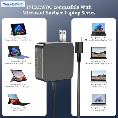 Image of 65W USB C Charger Compatible with Microsoft Surface Pro 12 (2025) 11 10 9 8 7 6 5 4 3, Surface Pro X, Surface Laptop 7 6 5 4 3 2 1, Surface Book 3 2 1, Surface Go 3 2 1 Power Adapter