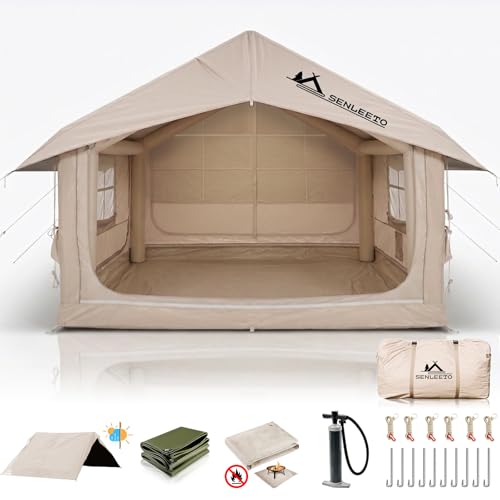 10' x 8' Inflatable Camping Tent for 6-8 People, 4 Season Blow up Tent with Rainfly, Easy Setup Air Pump, Waterproof pad, Luxury Inflatable Hot Tent with Stove Jack for Camping