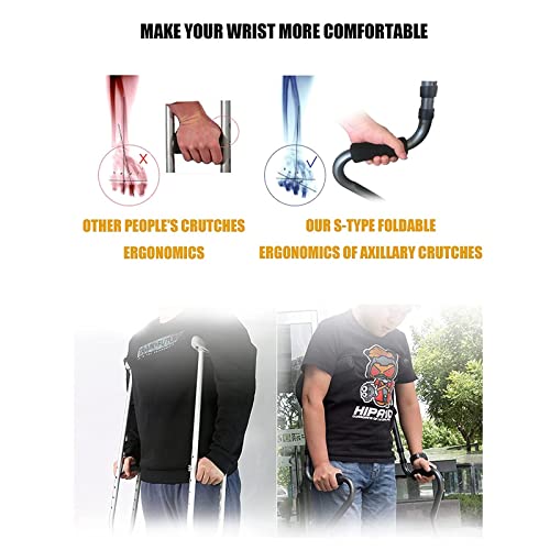 Muleta plegable para axilas, muleta médica portátil en forma de S con altura ajustable, muletas ergonómicas y livianas para adultos, soporta hasta 286 libras