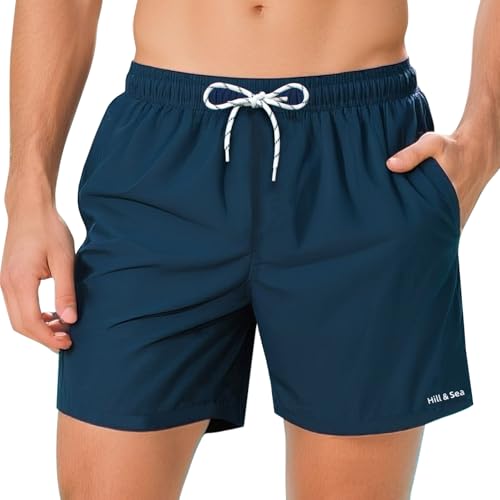 Hill & Sea Badehose Herren Schnelltrocknend Boardshorts für Männer Atmungsaktiv Wasserabweisend Badeshorts mit Mesh-Futter Taschen und Verstellbarem Tunnelzug Marineblau - XXL