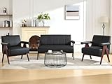 STHOUYN Black Leather Loveseat Sofa and Accent Chairs Set of 2, Mid-Century Modern Office Furniture Couch and Chair Set, Small Love Seat Couches with Wood Arm, 3 Pieces Living Room Furniture Sets (3)