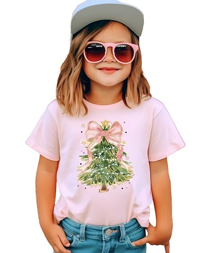 Christmas Tree with Pink Bow Topper Graphic Shirt for Women Teens and Girls Cute Holiday Tee3