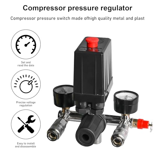 Druckregle: 220V Luftkompressor Druckschalter Kompressor mit 2 Manometer, Regler Kompressorschalter Kontrollventil, Luftkompressor Druckluft Kompressor Zubehör IP54 Druckminderer Pumpe Ersatzteile