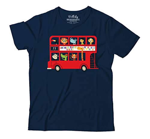 Image of Boys & Girls Cute Animals on The Red Double Decker London Bus Transport Theme 100% Cotton Unisex Kids T-Shirt