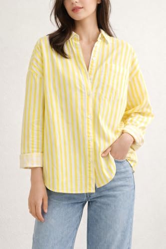 Image of Women's Yellow & White Striped Oversized Cotton Shirt | Casual Long Sleeve Collared Button-Down Top, Premium Fabric