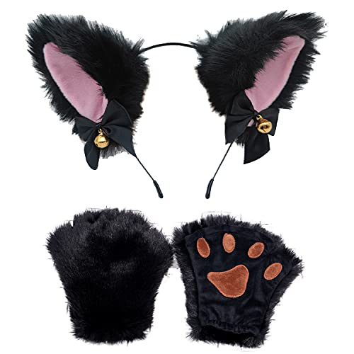 Faylay Cat Ears Cat Half Finger Gloves Headwear Set Cosplay Girl Plush Furry Accessory for Cam Girl Party (4-BZTZ-Black) Faylay Cat Ears Cat Half Finger Gloves Headwear Set Cosplay Girl Plush Furry Accessory for Cam Girl Party (4-BZTZ-Black)