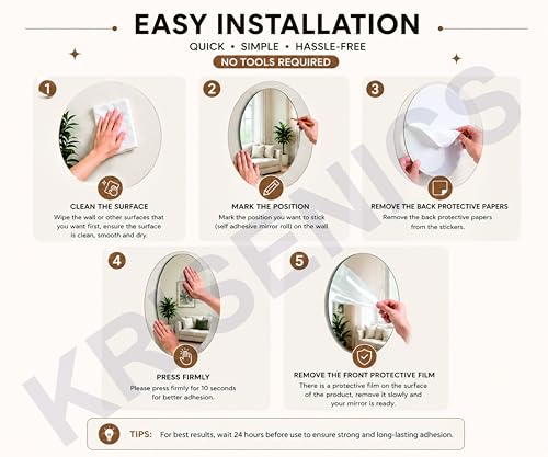 Image of Oval Shape Adhesive Mirror Sticker for wall on Tiles Bathroom Bedroom Living Room Basin Mirror Bathroom Wall Mirror Stickers Unbreakable Plastic wall Mirror 20 * 30