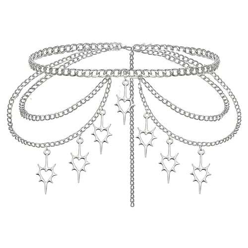 Wloisc Thorn Heart Waist Chain Belt - Punk Gothic Crossover Spike Body Belly Chains Tassel for Women Girl (Silver) (Thron Heart)