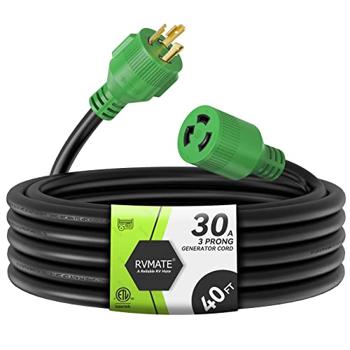 RVMATE 3 Prong 30 Amp Generator Extension Cord 40 Feet, NEMA L5-30P/L5-30R 125V SJTW Jacket