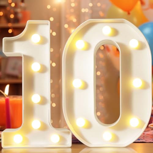 Números decorativos con luz LED de 8.8 pulgadas, luces de números de marquesina para decoraciones de 10 cumpleaños, letrero de número iluminado para fiesta de cumpleaños, luces nocturnas, bodas,