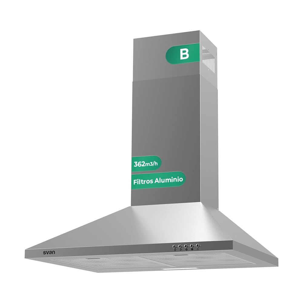 Svan Campana Extractora Piramidal 60cm Inox SCPP601BX. Potencia 66,5m3/h, Tiro Doble, 3 Velocidades, Control Manual, Filtro apto para Lavavajillas