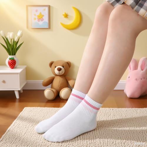 Jspupifip 4 Pairs Girls Cotton Socks, Kids Pink Crew Athletic Socks with Hearts Striped for Girls and Boys4