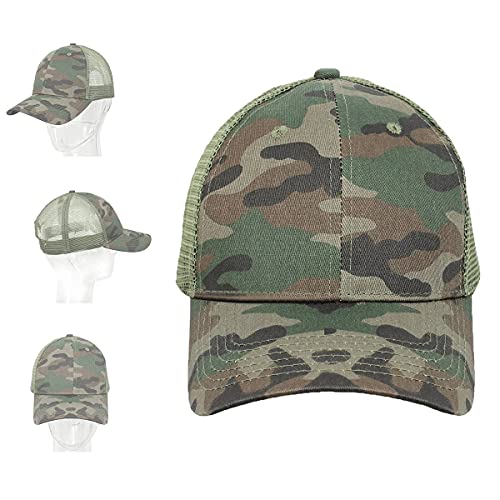 Low Profile Baseball Cap Ventilated Caps Snapback Mesh Unisex Women Men Sun Hat Plain Camo Adjustable Quick-Drying Basics Dad Camouflage Cap (Camouflage + Light Green Grid) #TOP1