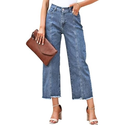 Sidefeel Womens Capri Jeans Trendy 2025 High Waisted Wide Straight Leg Raw Hem Cropped Denim Pants Sky Blue Size 10 Cover