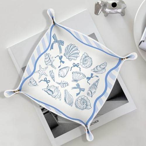 RTXLEZM Coastal Beach Coastal Seashell Jewelry Valet Tray for Women, Beach Lovers Gifts PU Leather Catchall Beside Caddy Nightstand Organizer Tray for Jewelry Rings Watches and Accessories,7.87x7.87in