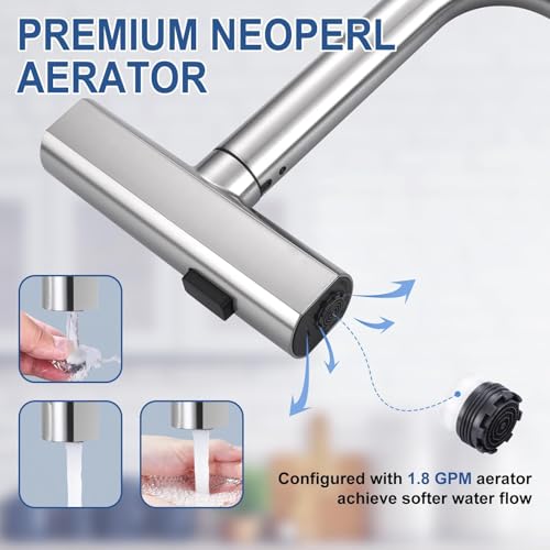 Kitchen Faucet with Pull Down Sprayer: ALEASHA Waterfall Kitchen Sink Faucet with 3 Function Pullout Sprayer, Single Hole for RV/Bar, 360° Swivel Faucets with Spout Soap Dispenser, Brushed Nickel by ALEASHA - Image 7