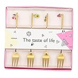 Housoutil Tenedores Decorativos de Postre Acero Inoxidable 4 Piezas Colgantes de Frutas Dorados, Set Pequeño para Café y Cocina, Utensilios Resistentes para Mezclar y Servir