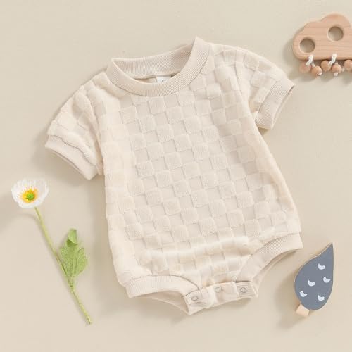 Newborn Baby Boys Girls Bubble Romper Cute Short Sleeve Crew Neck Checkerboard Bodysuit Infant Summer Playsuit3