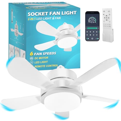 Socket Fan Light With Remote, Screw Ceiling Fans with Lights, 5 Reversible Blades, Quiet 6-Speed DC...