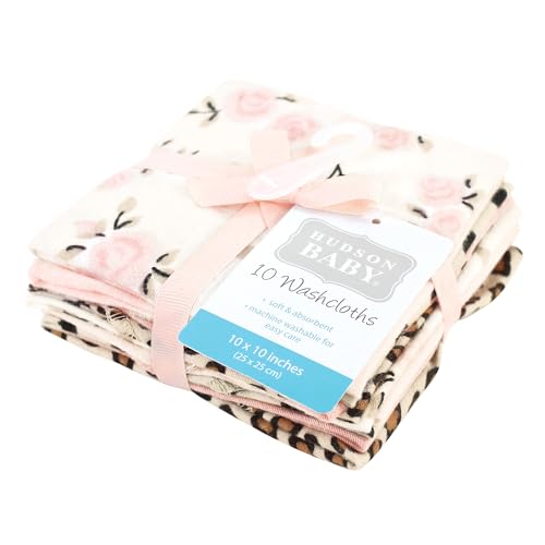 Image of Hudson Baby Unisex Baby Flannel Cotton Washcloths, Neutral Pink Floral 10 Pack, One Size
