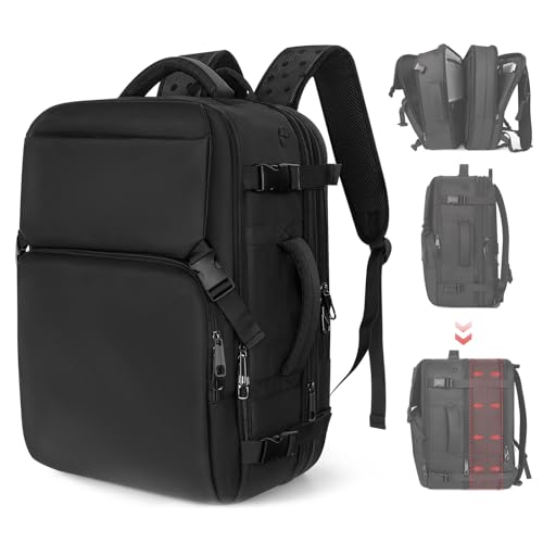 Travel Backpack Carry On Flight Approved, Lightweight Large Travel Backpack, Expandable with USB Charging Hole, Waterproof Causal Bookbag for Travel Work College Fits 17inch Laptop, Black