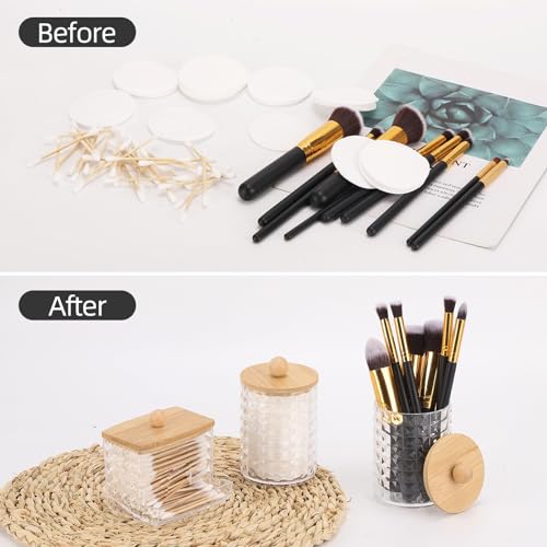 Tbestmax 3 Pack Qtips Holder Bathroom Container, 10/7 oz Cotton Ball/Swabs Dispenser, Apothecary Jar with Bamboo Lids for Bathroom Storage Organizer, Group C-Beige Wood