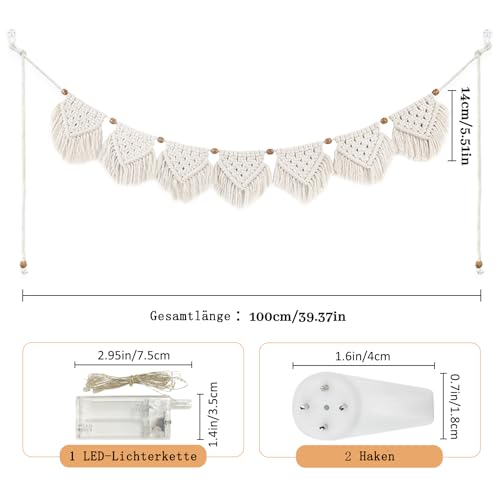 IHONYI Boho Deko - Makramee Wandbehang,Wandteppich Chic Tapisserie Fransengirlande Mit 3M LED Lichterkette,Handgewebt Girlande Boho Wanddeko Für Wohnzimmer/Schlafzimmer/Balkon/Wohnwagen deko