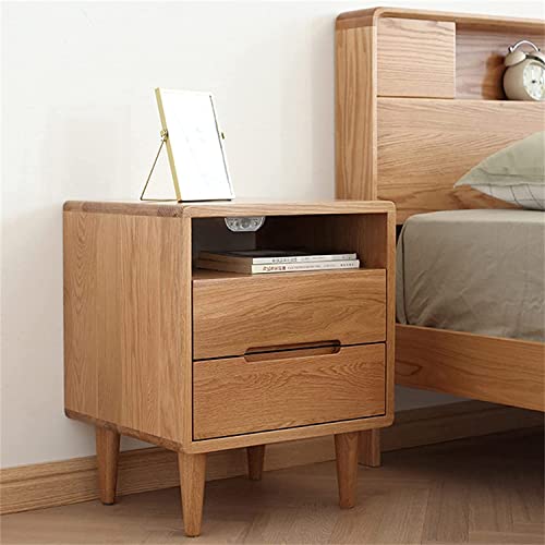 Table de chevet bois de chêne LiChA, meuble de nuit robuste avec double tiroir de rangement