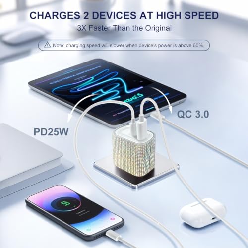 Image of Aolcev for iPhone Charger Fast Charging Bling USBA USB C Charging Block 30W | Rhinestones Type C Charger Blocks for iPhone 17 16 15 14 13 12 iPad Bling Fast USB C Adapter for Samsung S26 S25 S24 Colorful