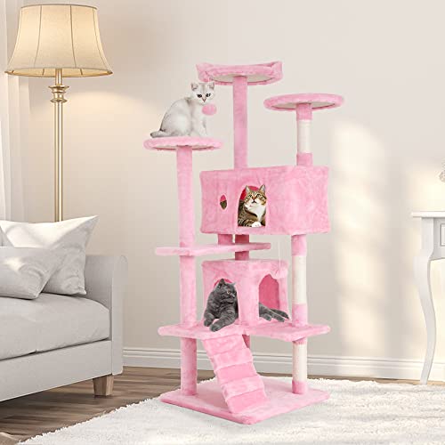 54 Inches Cat Tree for Indoor Cats, Multi-Level Cat Tree Cat Tower with Sisal-Covered Scratching Posts, Stable Cat Trees and Towers for Large Cats, Cat Trees with 2 Cat Condo and 3 Perches, Pink