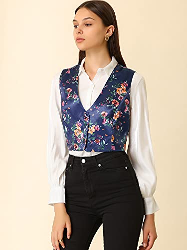 Allegra K Women's Floral Pattern Vest Fashion Button Closure Cropped Satin Dressy Waistcoat Vest3