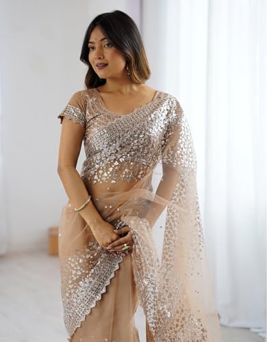 Image of SIRIL Women's Net Sequence Embroidered Saree With Unstitched Blouse