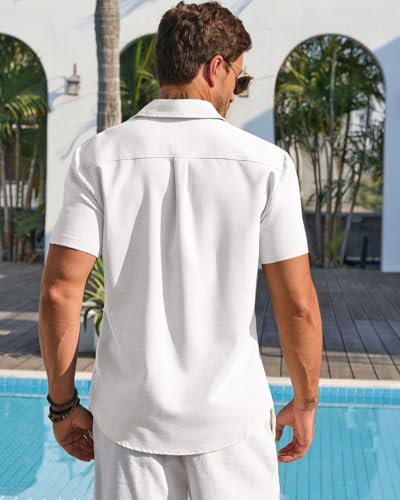 Runcati Mens Linen Button Down Shirt Short Sleeve Casual Lightweight Summer Beach Shirts Vacation Wedding Tops3