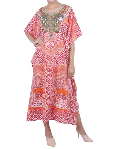 Image of Miss Lavish London Kaftan Dresses for Women Plus Size Long Batwing Sleeve Caftans, V Neck Moo Moo Printed Beach Cover Up Maxi Beach Dress, Bathing Suit Cover-Up Loungewear